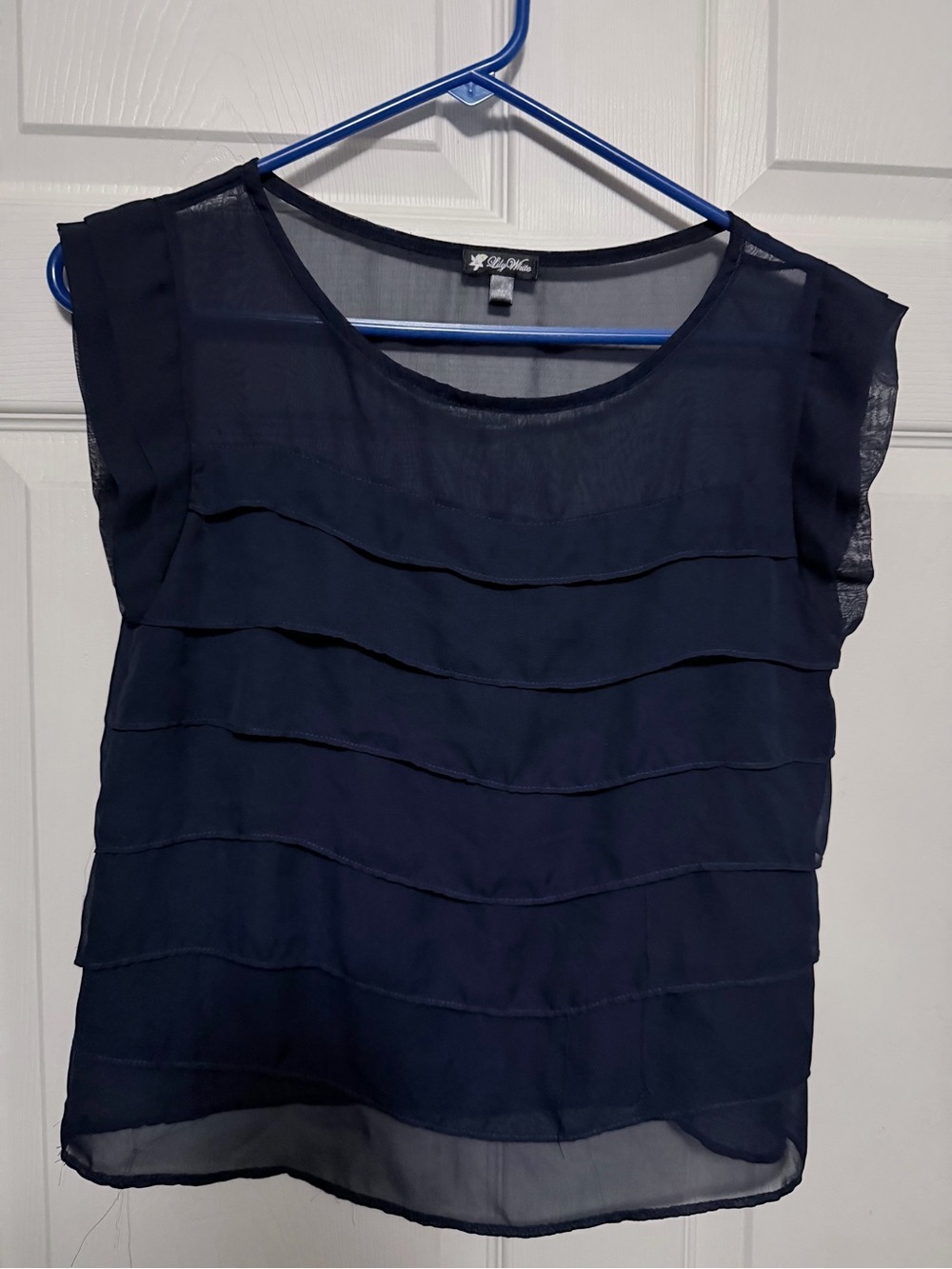 Lily White Navy Sheer Tiered Ruffle Blouse